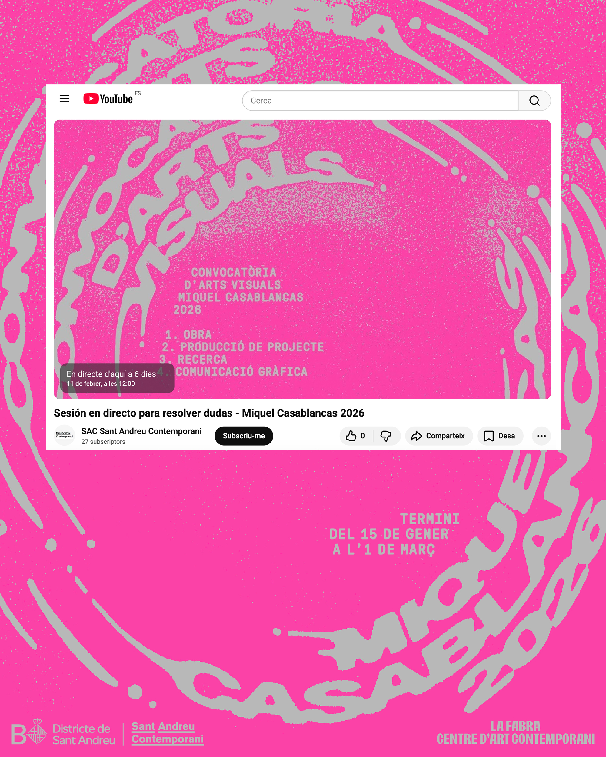 Directe a Youtube per a resoldre dubtes sobre la Convocatòria Miquel Casablancas 2026